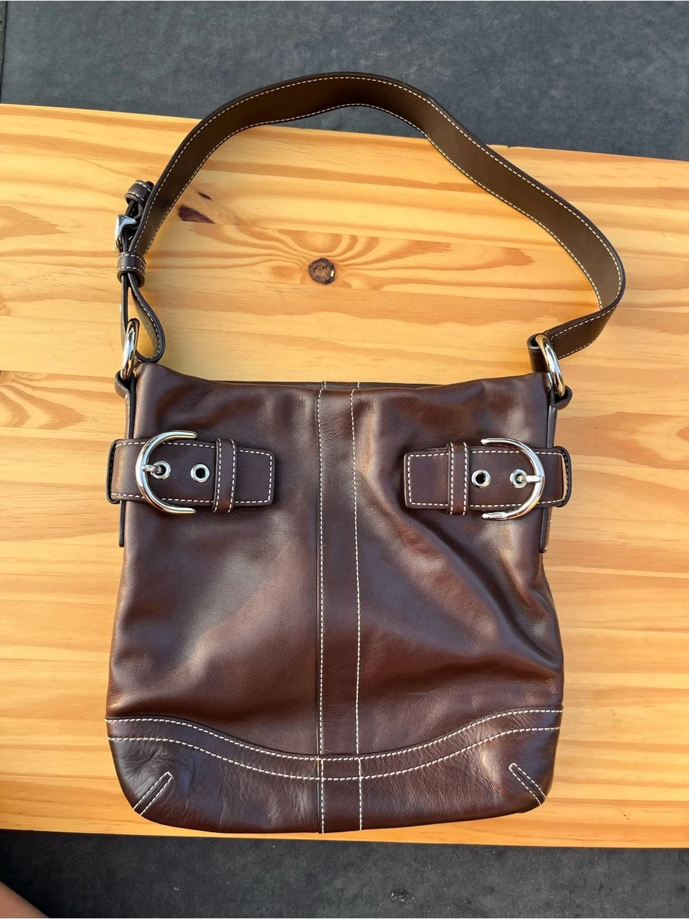 Coach Soho Brown Leather Shoulder Bag with Double Buckle Detail